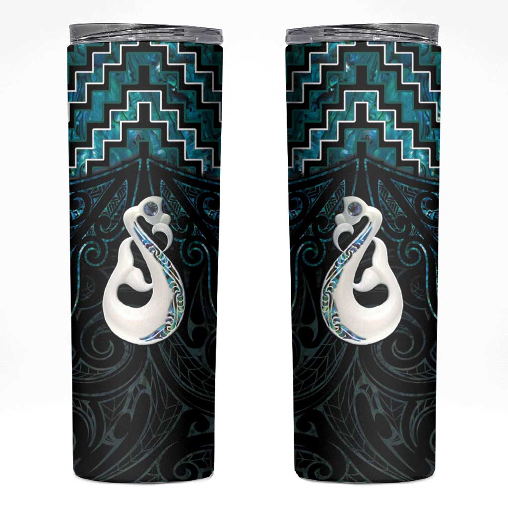New Zealand Maori Skinny Tumbler Poutama Manaia Turquoise Paua Shell