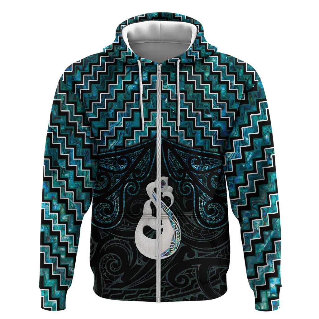 New Zealand Maori Zip Hoodie Poutama Manaia Turquoise Paua Shell