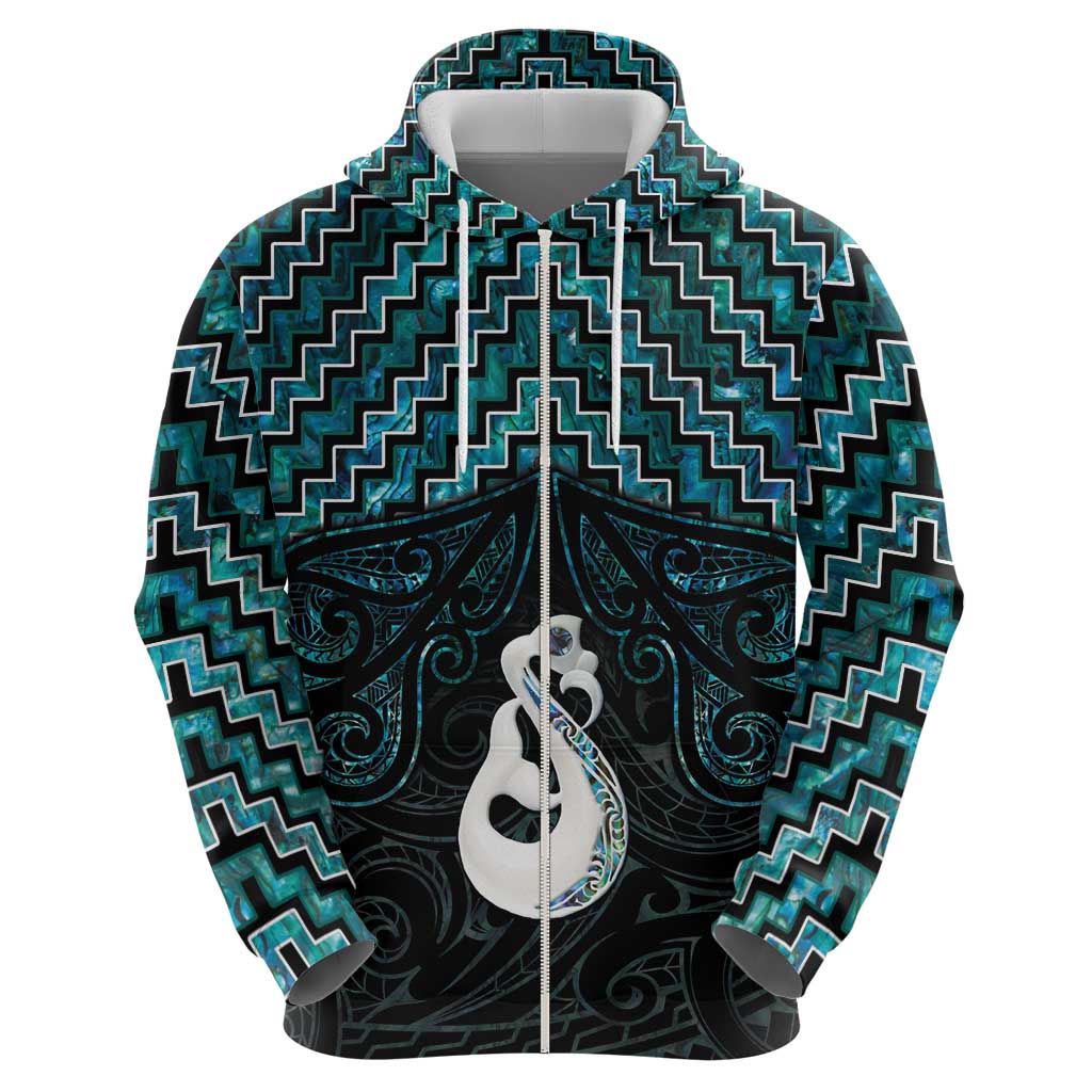 New Zealand Maori Zip Hoodie Poutama Manaia Turquoise Paua Shell
