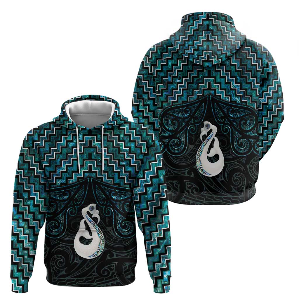 New Zealand Maori Zip Hoodie Poutama Manaia Turquoise Paua Shell