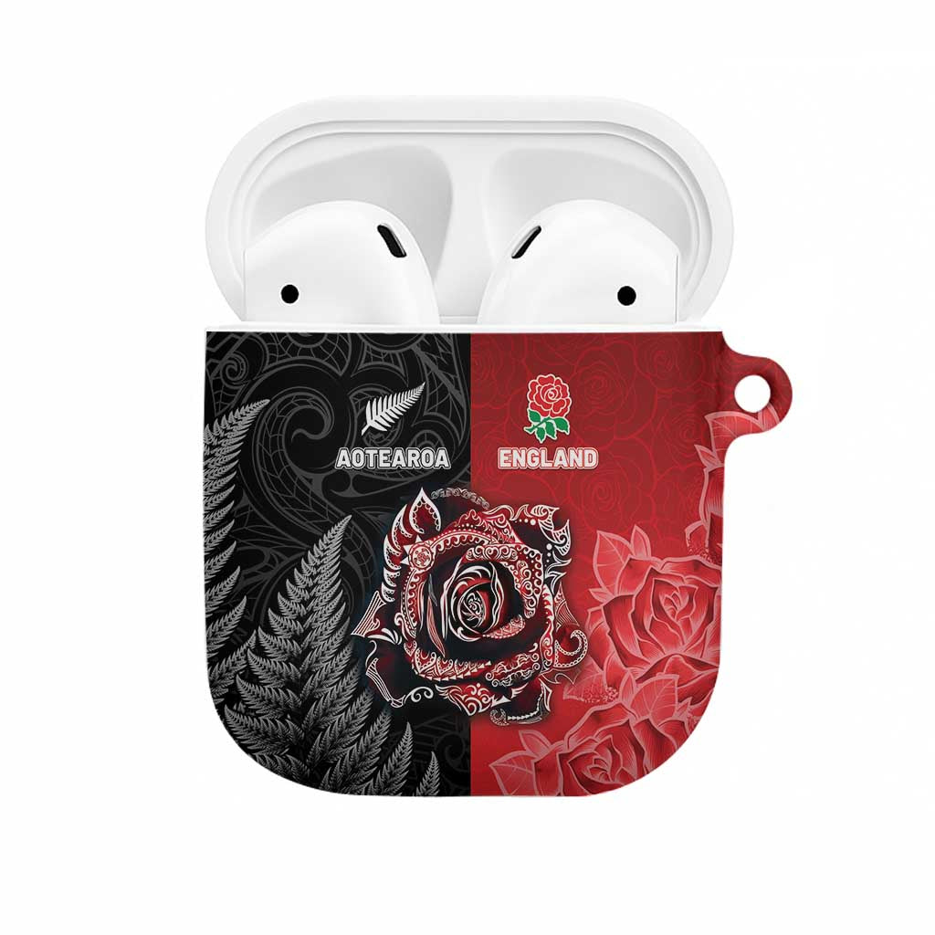 New Zealand And England Rugby AirPods Case Red Rose Mix Maori Pattern LT05 Black - Polynesian Pride