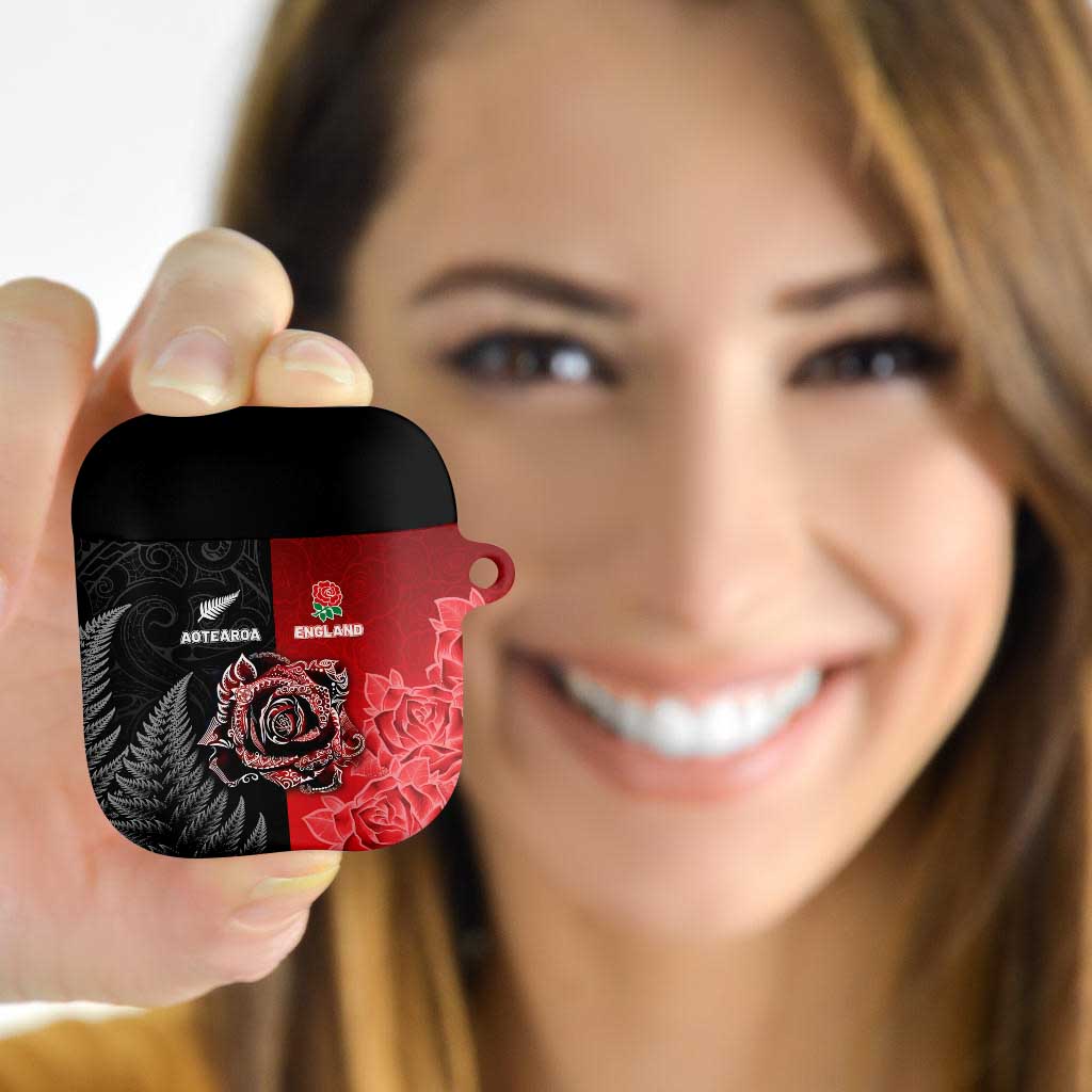 New Zealand And England Rugby AirPods Case Red Rose Mix Maori Pattern LT05 - Polynesian Pride