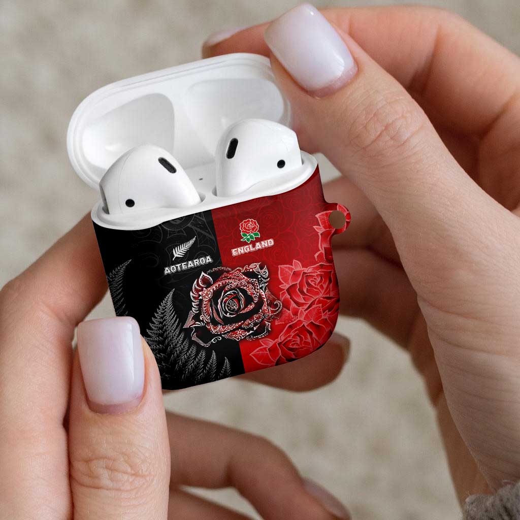 New Zealand And England Rugby AirPods Case Red Rose Mix Maori Pattern LT05 - Polynesian Pride