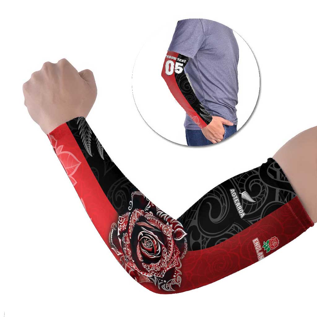 New Zealand And England Rugby Custom Arm Sleeves Red Rose Mix Maori Pattern LT05 Set of 2 Black - Polynesian Pride
