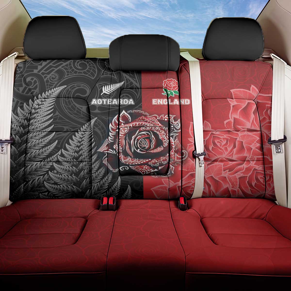 New Zealand And England Rugby Back Car Seat Cover Red Rose Mix Maori Pattern LT05 One Size Black - Polynesian Pride