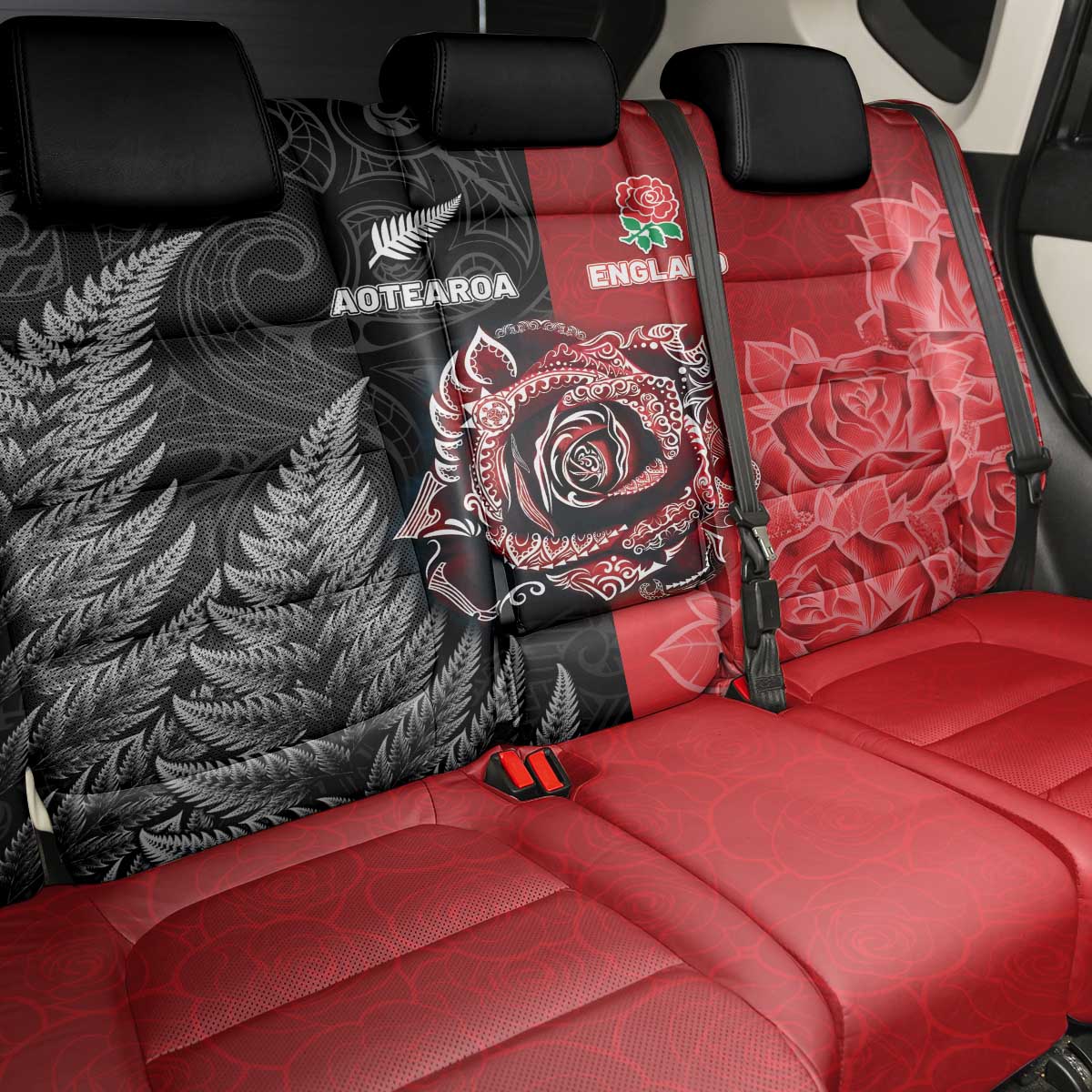 New Zealand And England Rugby Back Car Seat Cover Red Rose Mix Maori Pattern LT05 - Polynesian Pride