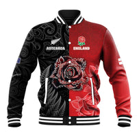 New Zealand And England Rugby Custom Baseball Jacket Red Rose Mix Maori Pattern LT05 Unisex Black - Polynesian Pride