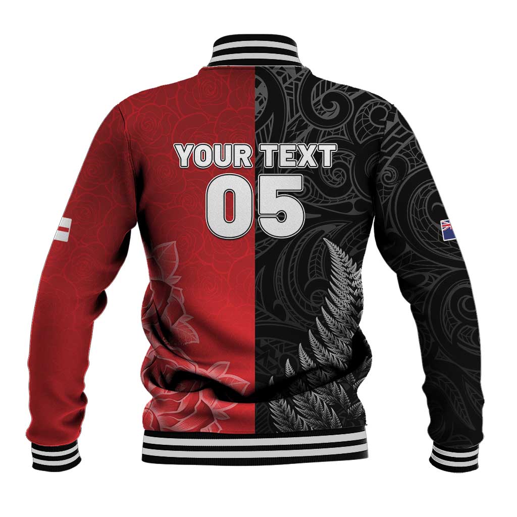 New Zealand And England Rugby Custom Baseball Jacket Red Rose Mix Maori Pattern LT05 - Polynesian Pride