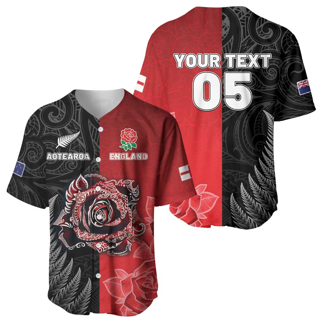 New Zealand And England Rugby Custom Baseball Jersey Red Rose Mix Maori Pattern LT05 - Polynesian Pride