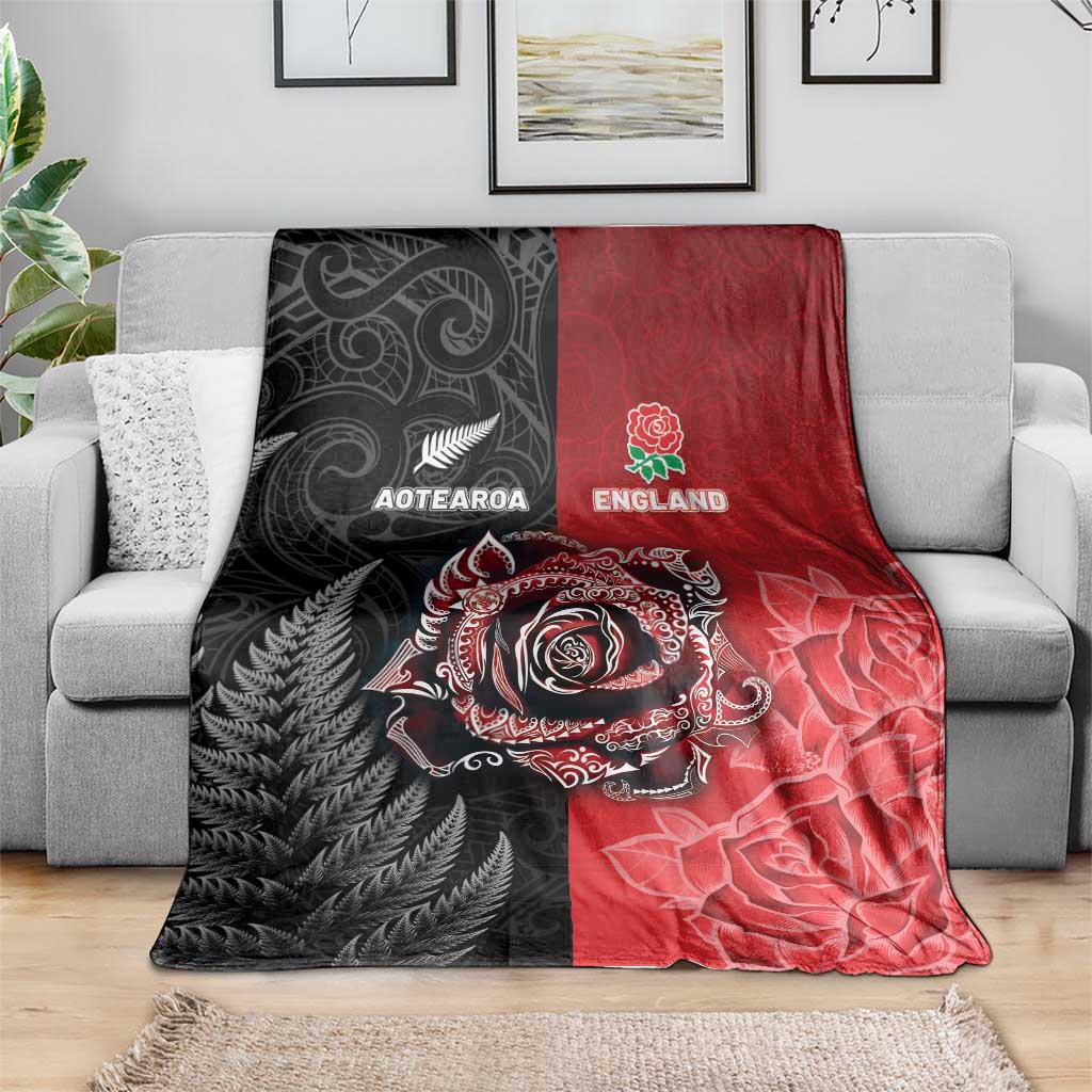 New Zealand And England Rugby Blanket Red Rose Mix Maori Pattern LT05 - Polynesian Pride