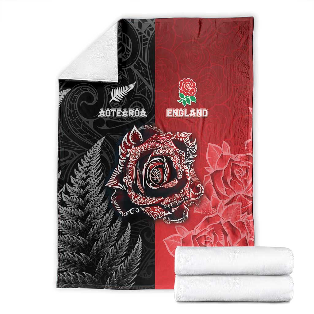 New Zealand And England Rugby Blanket Red Rose Mix Maori Pattern LT05 - Polynesian Pride