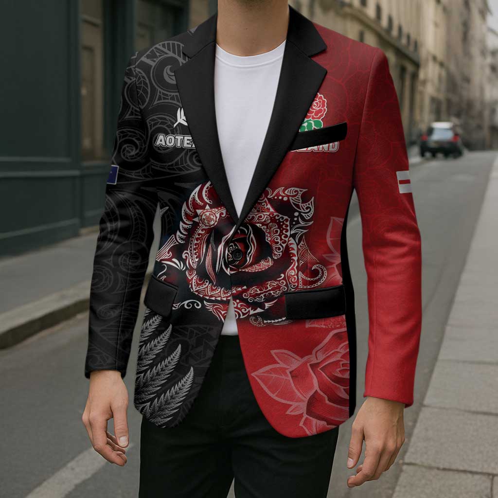 New Zealand And England Rugby Custom Blazer Red Rose Mix Maori Pattern LT05 - Polynesian Pride