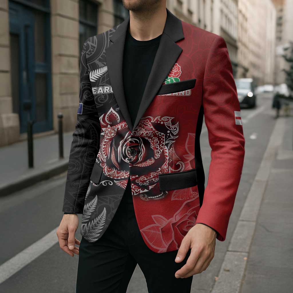 New Zealand And England Rugby Custom Blazer Red Rose Mix Maori Pattern LT05 - Polynesian Pride
