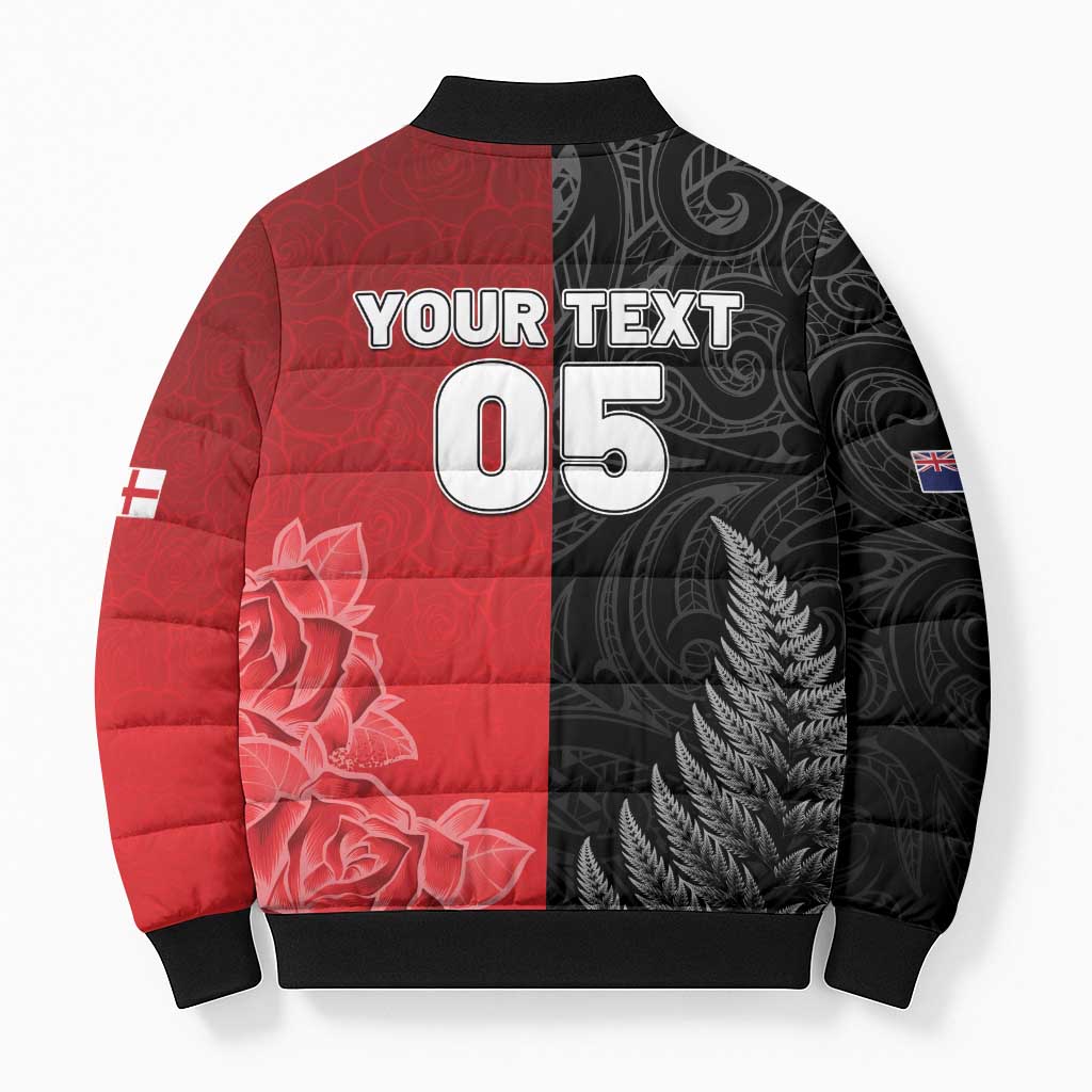 New Zealand And England Rugby Custom Bomber Puffer Jacket Red Rose Mix Maori Pattern LT05 - Polynesian Pride