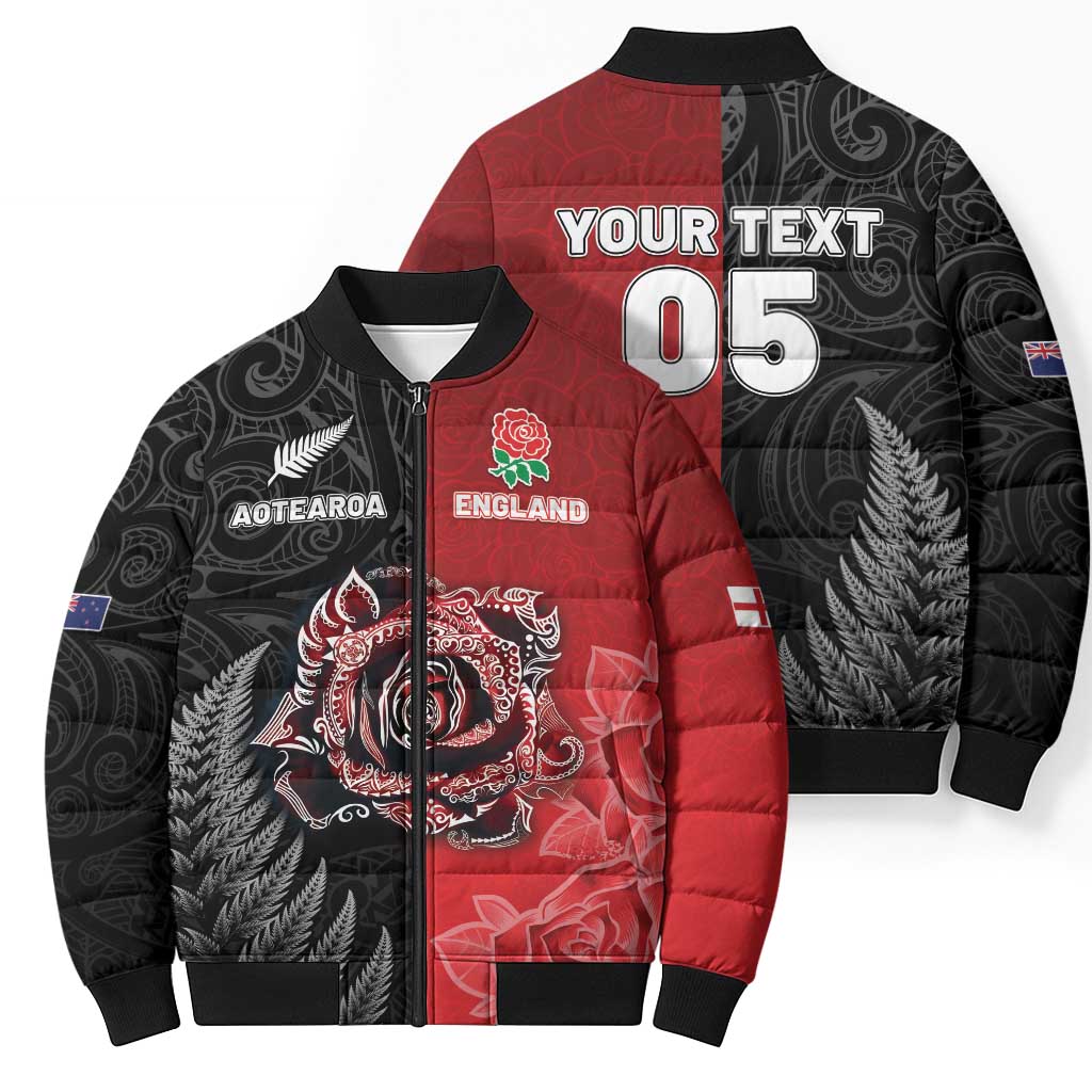 New Zealand And England Rugby Custom Bomber Puffer Jacket Red Rose Mix Maori Pattern LT05 - Polynesian Pride