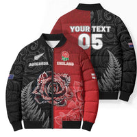 New Zealand And England Rugby Custom Bomber Puffer Jacket Red Rose Mix Maori Pattern LT05 - Polynesian Pride