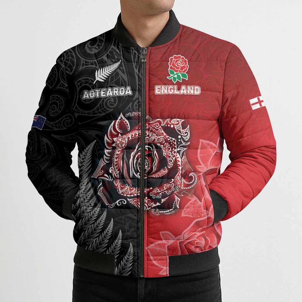 New Zealand And England Rugby Custom Bomber Puffer Jacket Red Rose Mix Maori Pattern LT05 - Polynesian Pride