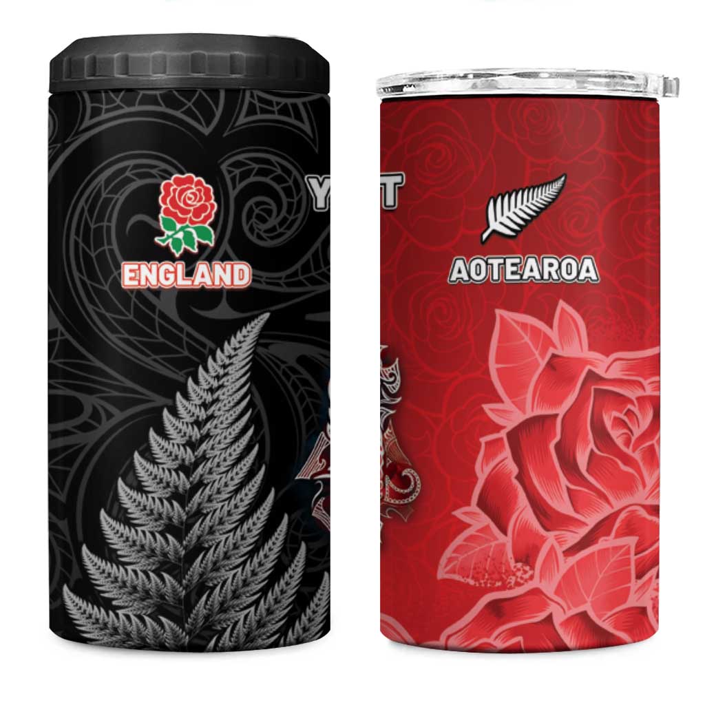 New Zealand And England Rugby Custom 4 in 1 Can Cooler Tumbler Red Rose Mix Maori Pattern LT05 One Size: 16 oz Black - Polynesian Pride