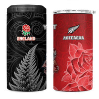 New Zealand And England Rugby Custom 4 in 1 Can Cooler Tumbler Red Rose Mix Maori Pattern LT05 One Size: 16 oz Black - Polynesian Pride