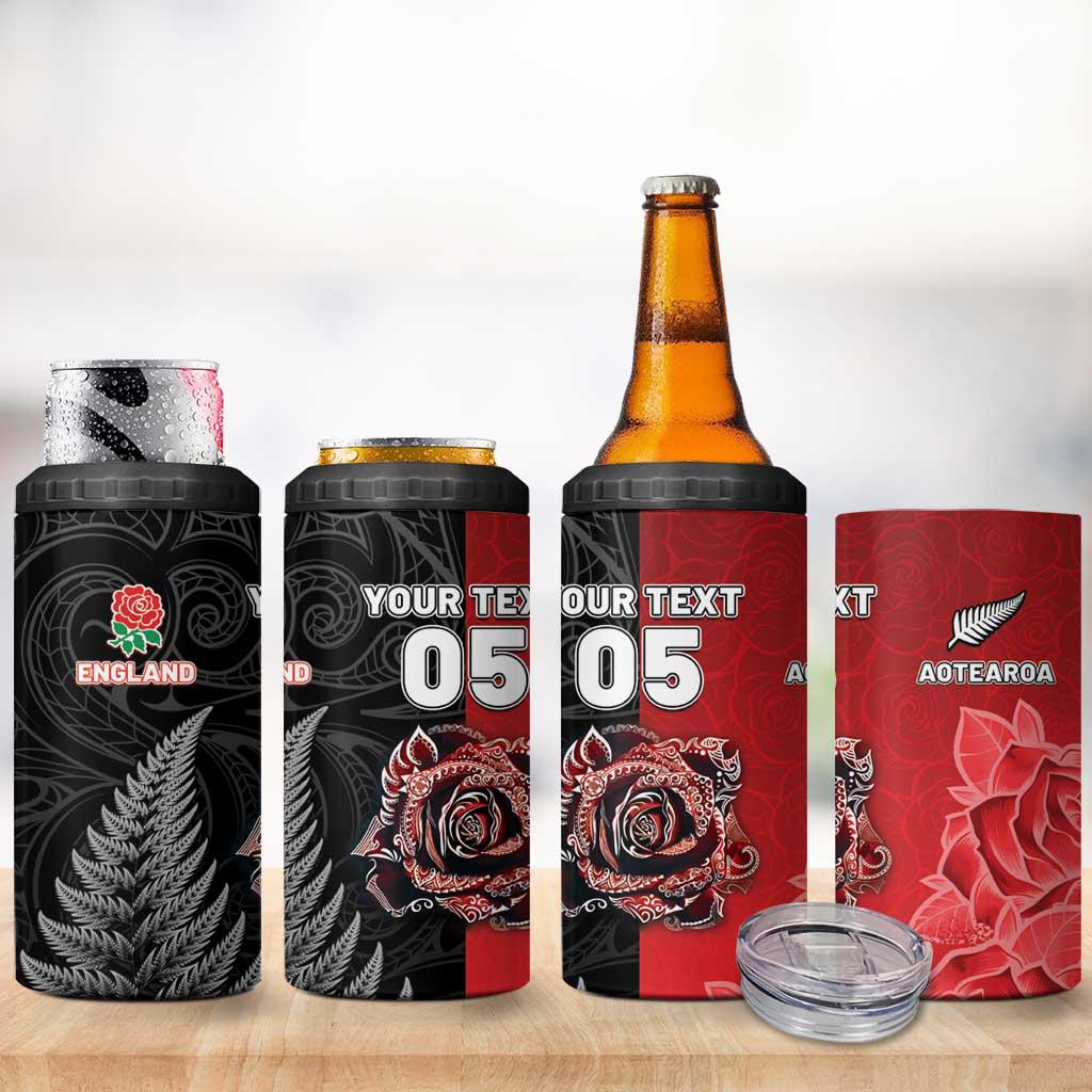 New Zealand And England Rugby Custom 4 in 1 Can Cooler Tumbler Red Rose Mix Maori Pattern LT05 - Polynesian Pride