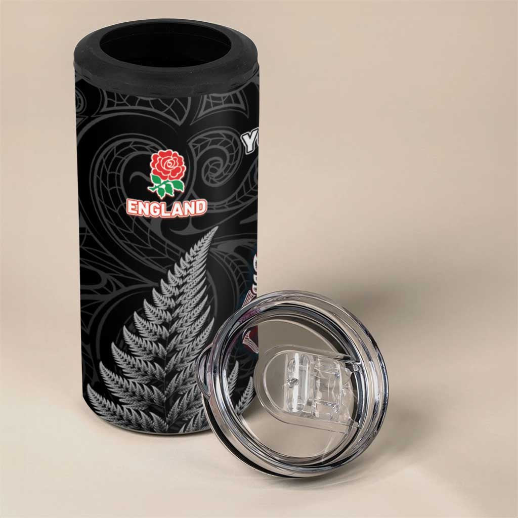 New Zealand And England Rugby Custom 4 in 1 Can Cooler Tumbler Red Rose Mix Maori Pattern LT05 - Polynesian Pride