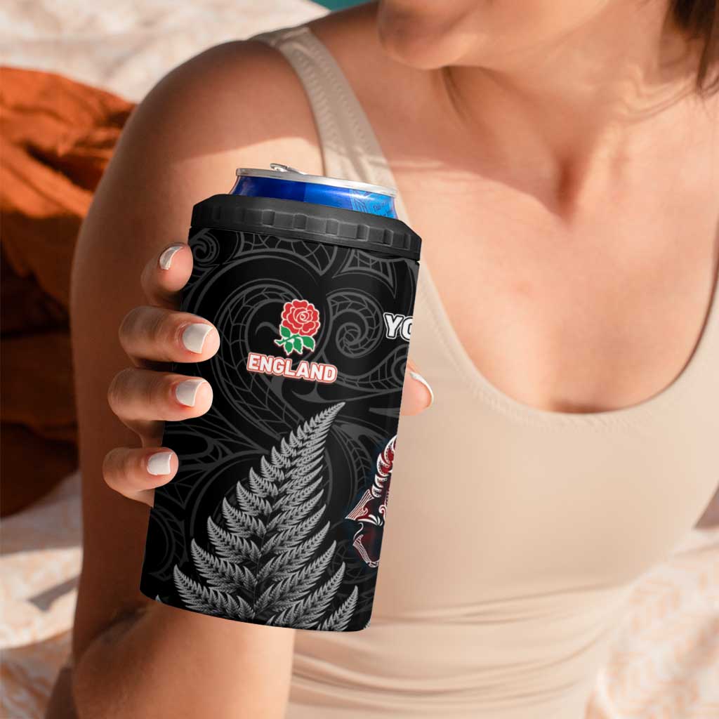New Zealand And England Rugby Custom 4 in 1 Can Cooler Tumbler Red Rose Mix Maori Pattern LT05 - Polynesian Pride