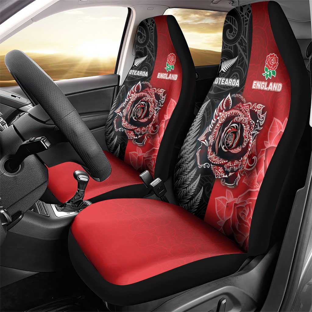 New Zealand And England Rugby Car Seat Cover Red Rose Mix Maori Pattern LT05 - Polynesian Pride