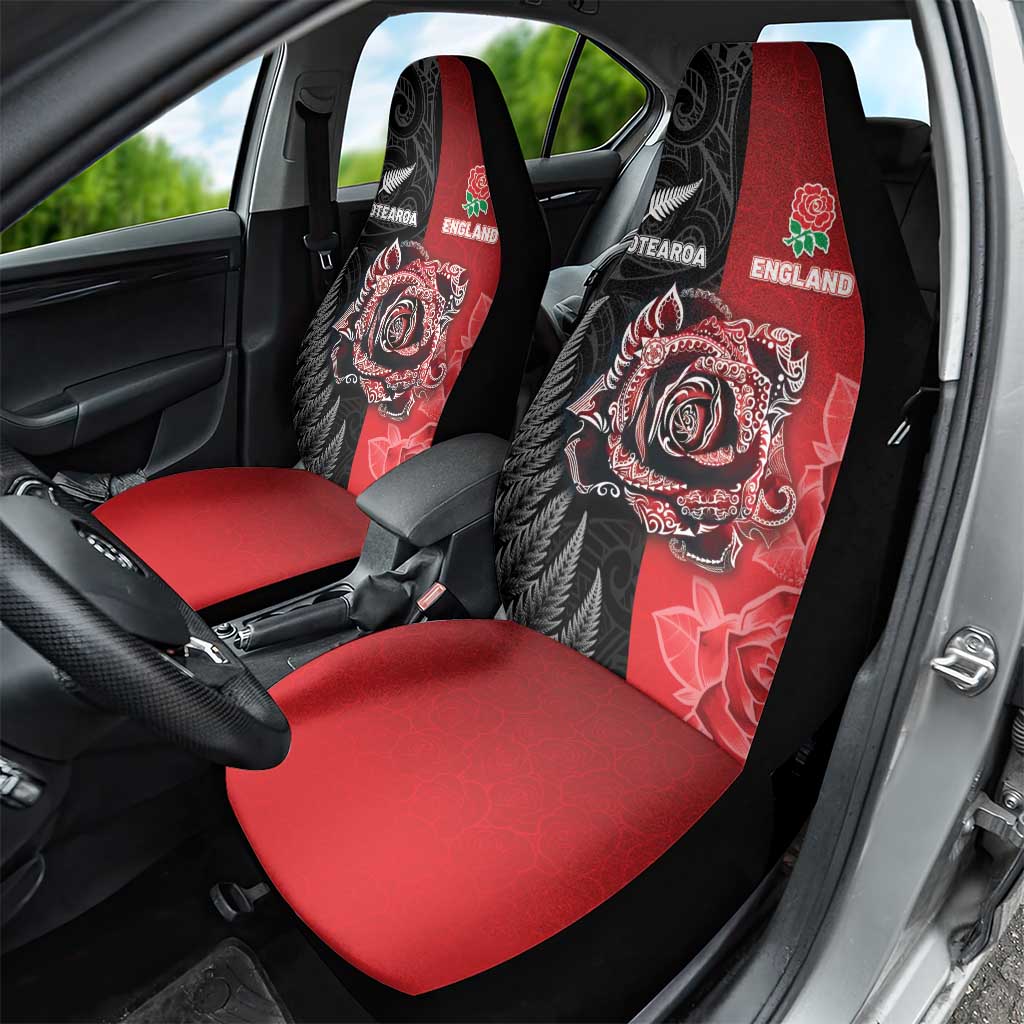 New Zealand And England Rugby Car Seat Cover Red Rose Mix Maori Pattern LT05 - Polynesian Pride