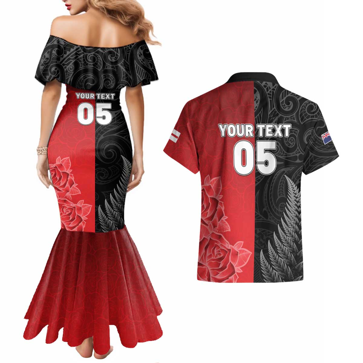 New Zealand And England Rugby Custom Couples Matching Mermaid Dress and Hawaiian Shirt Red Rose Mix Maori Pattern - Polynesian Pride