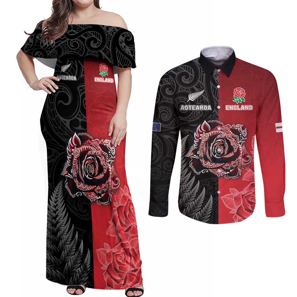 New Zealand And England Rugby Custom Couples Matching Off Shoulder Maxi Dress and Long Sleeve Button Shirt Red Rose Mix Maori Pattern LT05 Black - Polynesian Pride