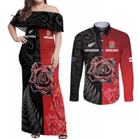 New Zealand And England Rugby Custom Couples Matching Off Shoulder Maxi Dress and Long Sleeve Button Shirt Red Rose Mix Maori Pattern LT05 Black - Polynesian Pride