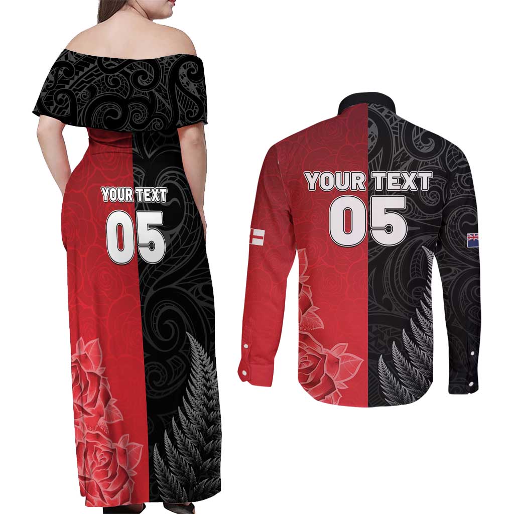 New Zealand And England Rugby Custom Couples Matching Off Shoulder Maxi Dress and Long Sleeve Button Shirt Red Rose Mix Maori Pattern LT05 - Polynesian Pride
