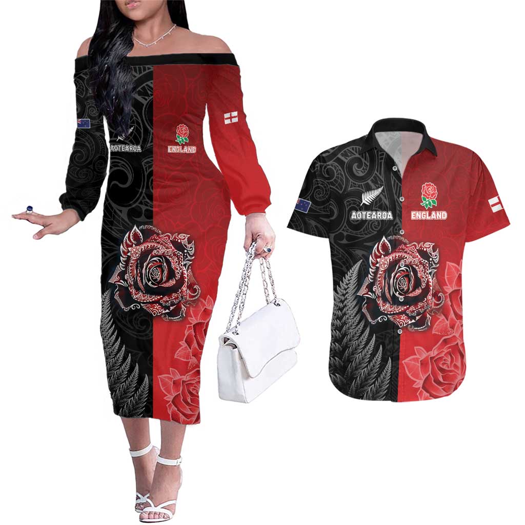 New Zealand And England Rugby Custom Couples Matching Off The Shoulder Long Sleeve Dress and Hawaiian Shirt Red Rose Mix Maori Pattern LT05 Black - Polynesian Pride