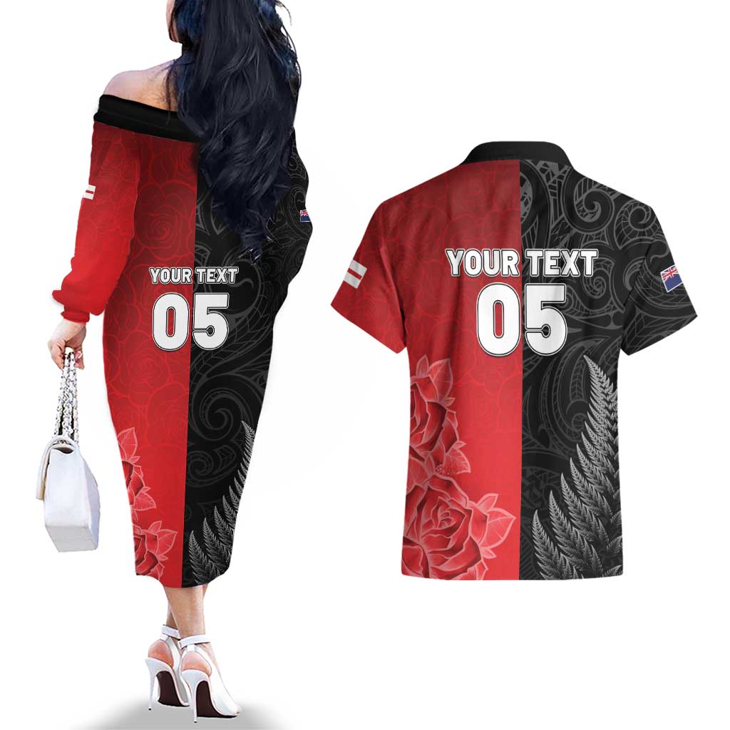 New Zealand And England Rugby Custom Couples Matching Off The Shoulder Long Sleeve Dress and Hawaiian Shirt Red Rose Mix Maori Pattern LT05 - Polynesian Pride