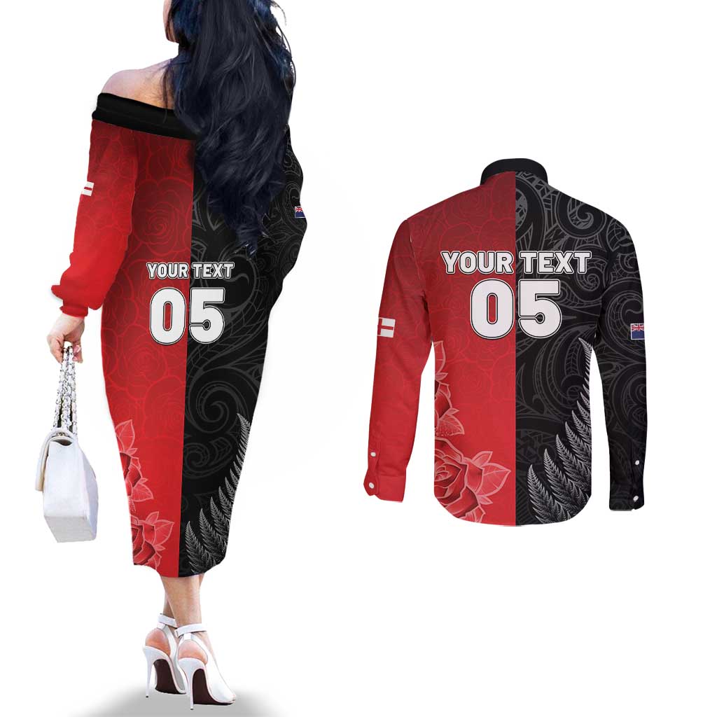 New Zealand And England Rugby Custom Couples Matching Off The Shoulder Long Sleeve Dress and Long Sleeve Button Shirt Red Rose Mix Maori Pattern - Polynesian Pride