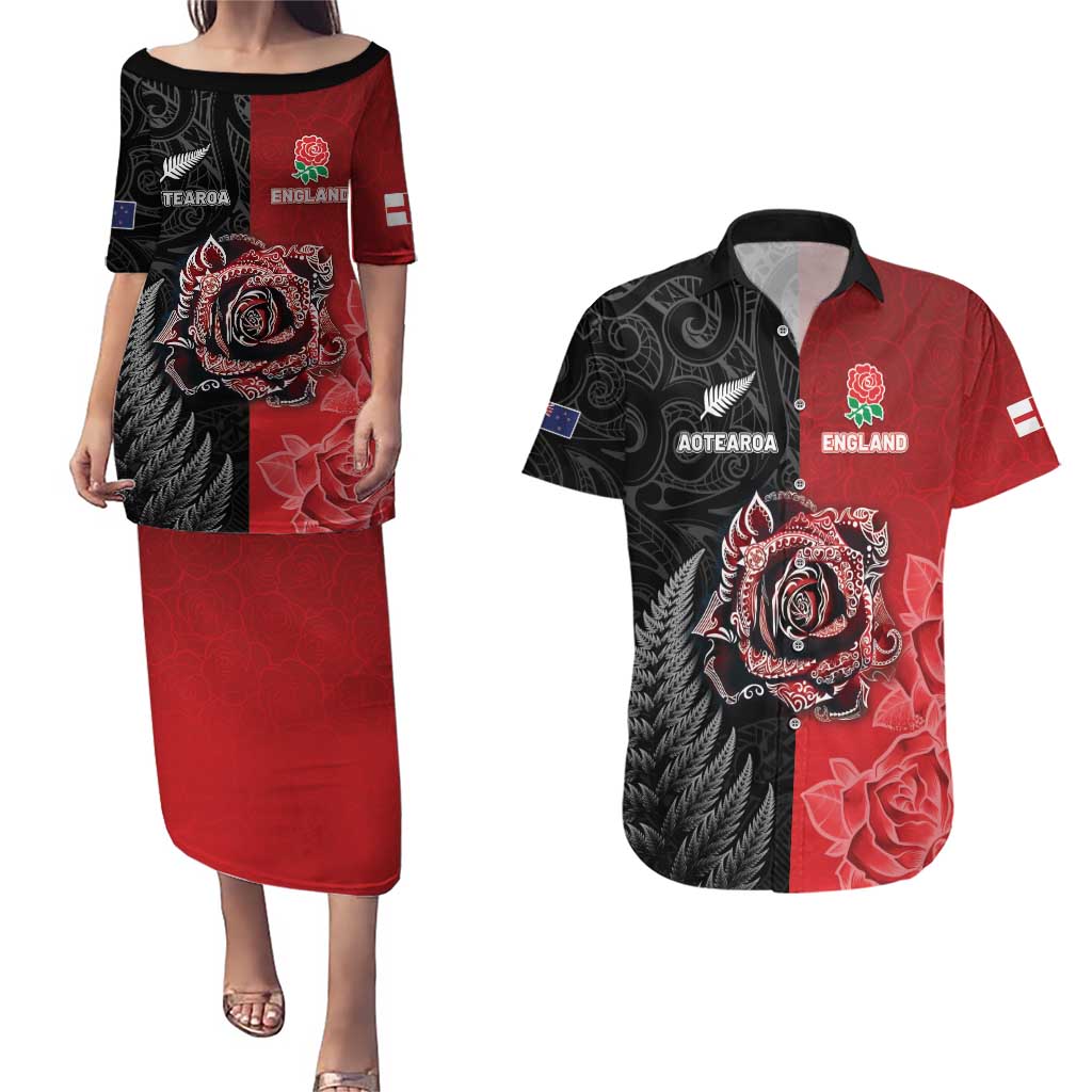 New Zealand And England Rugby Custom Couples Matching Puletasi and Hawaiian Shirt Red Rose Mix Maori Pattern LT05 Black - Polynesian Pride
