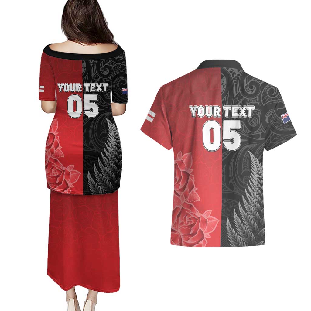 New Zealand And England Rugby Custom Couples Matching Puletasi and Hawaiian Shirt Red Rose Mix Maori Pattern LT05 - Polynesian Pride