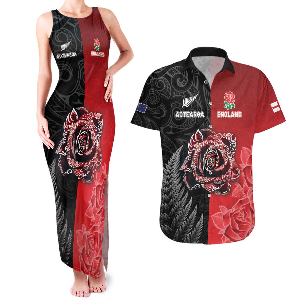 New Zealand And England Rugby Custom Couples Matching Tank Maxi Dress and Hawaiian Shirt Red Rose Mix Maori Pattern - Polynesian Pride