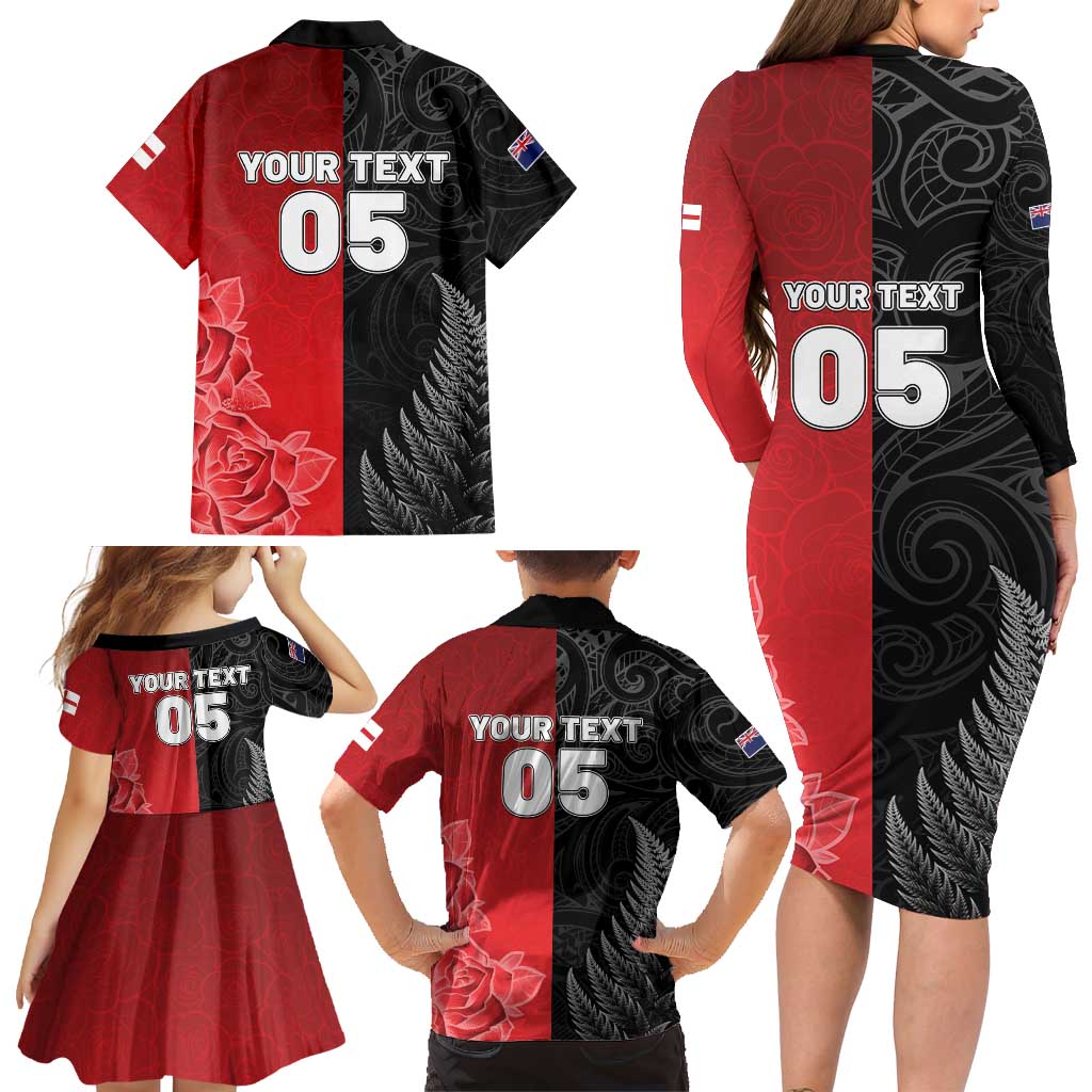 New Zealand And England Rugby Custom Family Matching Long Sleeve Bodycon Dress and Hawaiian Shirt Red Rose Mix Maori Pattern - Polynesian Pride