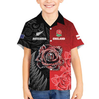 New Zealand And England Rugby Custom Family Matching Long Sleeve Bodycon Dress and Hawaiian Shirt Red Rose Mix Maori Pattern - Polynesian Pride