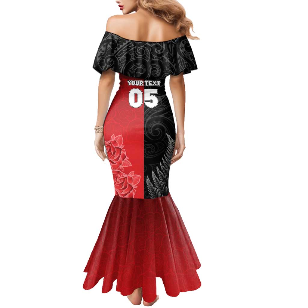 New Zealand And England Rugby Custom Family Matching Mermaid Dress and Hawaiian Shirt Red Rose Mix Maori Pattern - Polynesian Pride