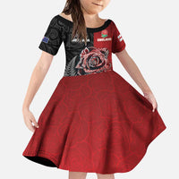 New Zealand And England Rugby Custom Family Matching Off Shoulder Short Dress and Hawaiian Shirt Red Rose Mix Maori Pattern - Polynesian Pride
