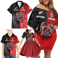 New Zealand And England Rugby Custom Family Matching Off Shoulder Short Dress and Hawaiian Shirt Red Rose Mix Maori Pattern - Polynesian Pride