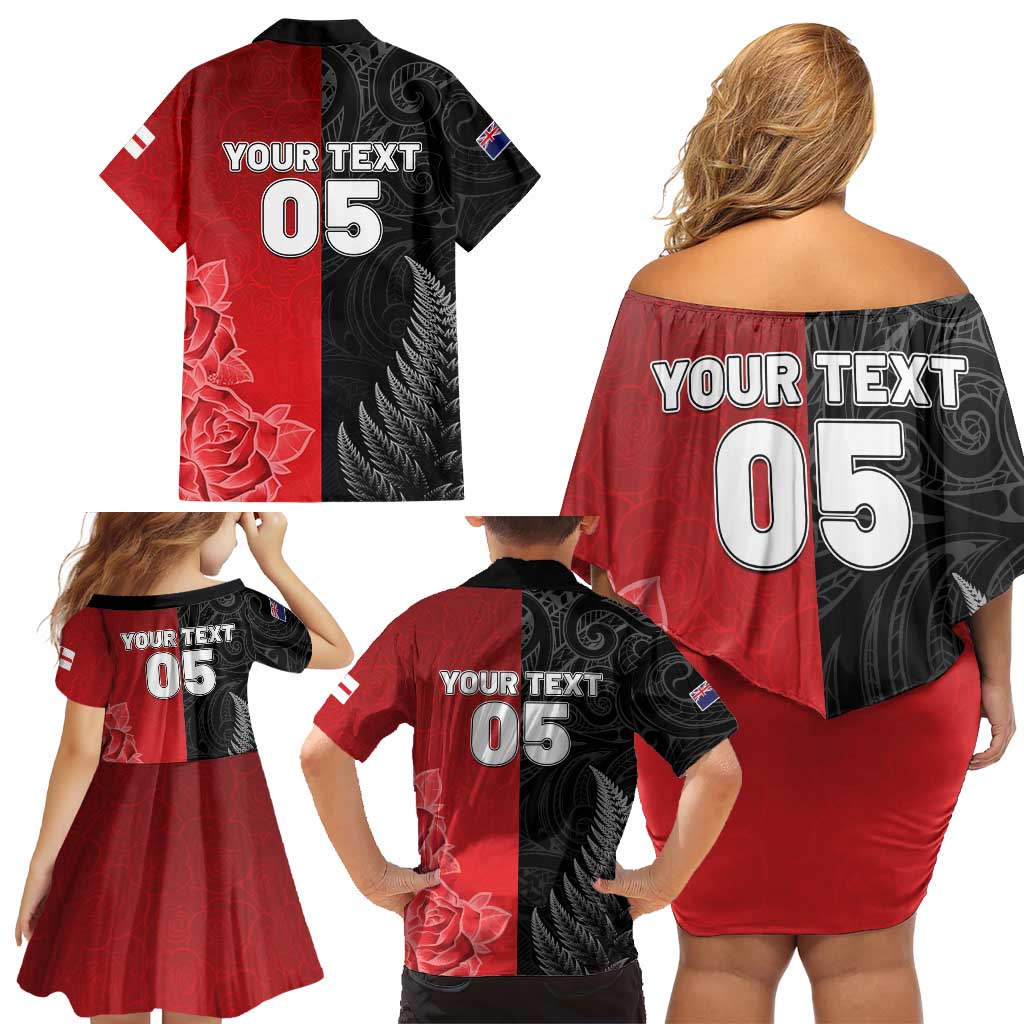 New Zealand And England Rugby Custom Family Matching Off Shoulder Short Dress and Hawaiian Shirt Red Rose Mix Maori Pattern - Polynesian Pride