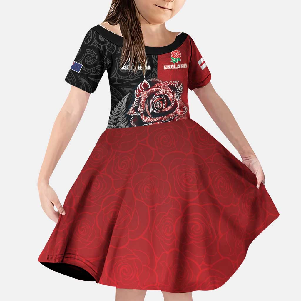 New Zealand And England Rugby Custom Family Matching Puletasi and Hawaiian Shirt Red Rose Mix Maori Pattern - Polynesian Pride
