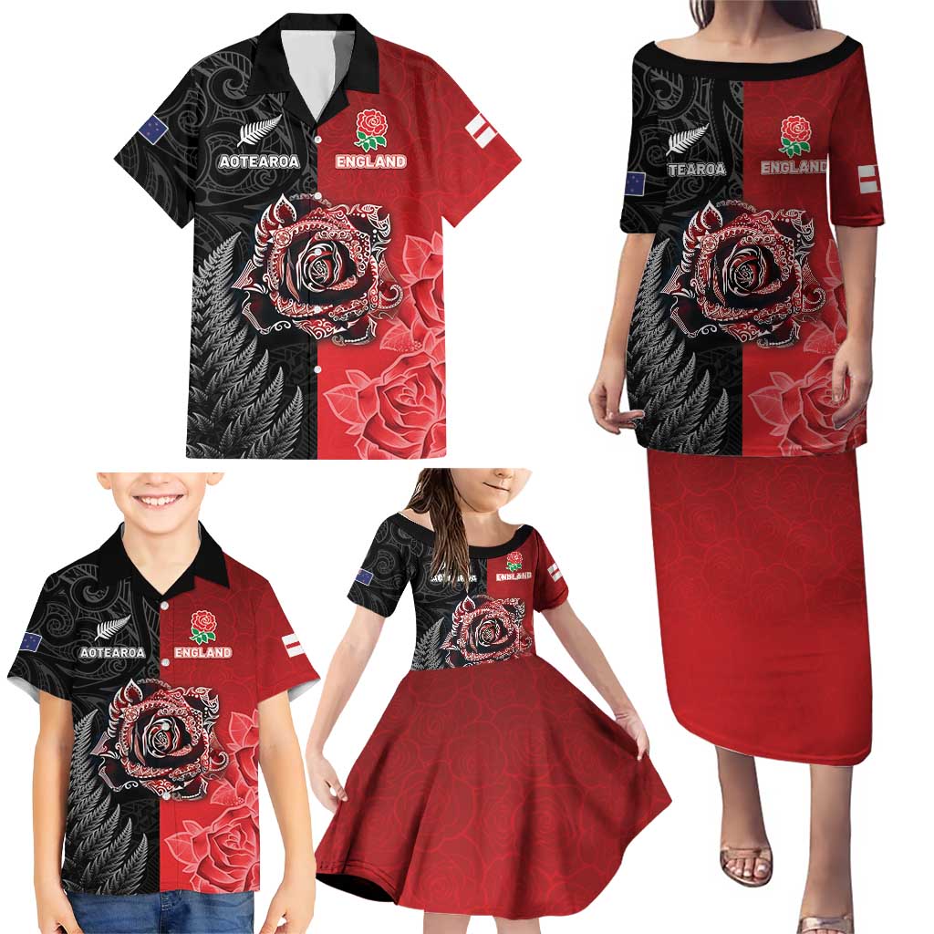 New Zealand And England Rugby Custom Family Matching Puletasi and Hawaiian Shirt Red Rose Mix Maori Pattern - Polynesian Pride
