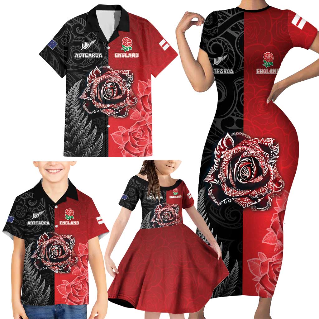 New Zealand And England Rugby Custom Family Matching Short Sleeve Bodycon Dress and Hawaiian Shirt Red Rose Mix Maori Pattern - Polynesian Pride