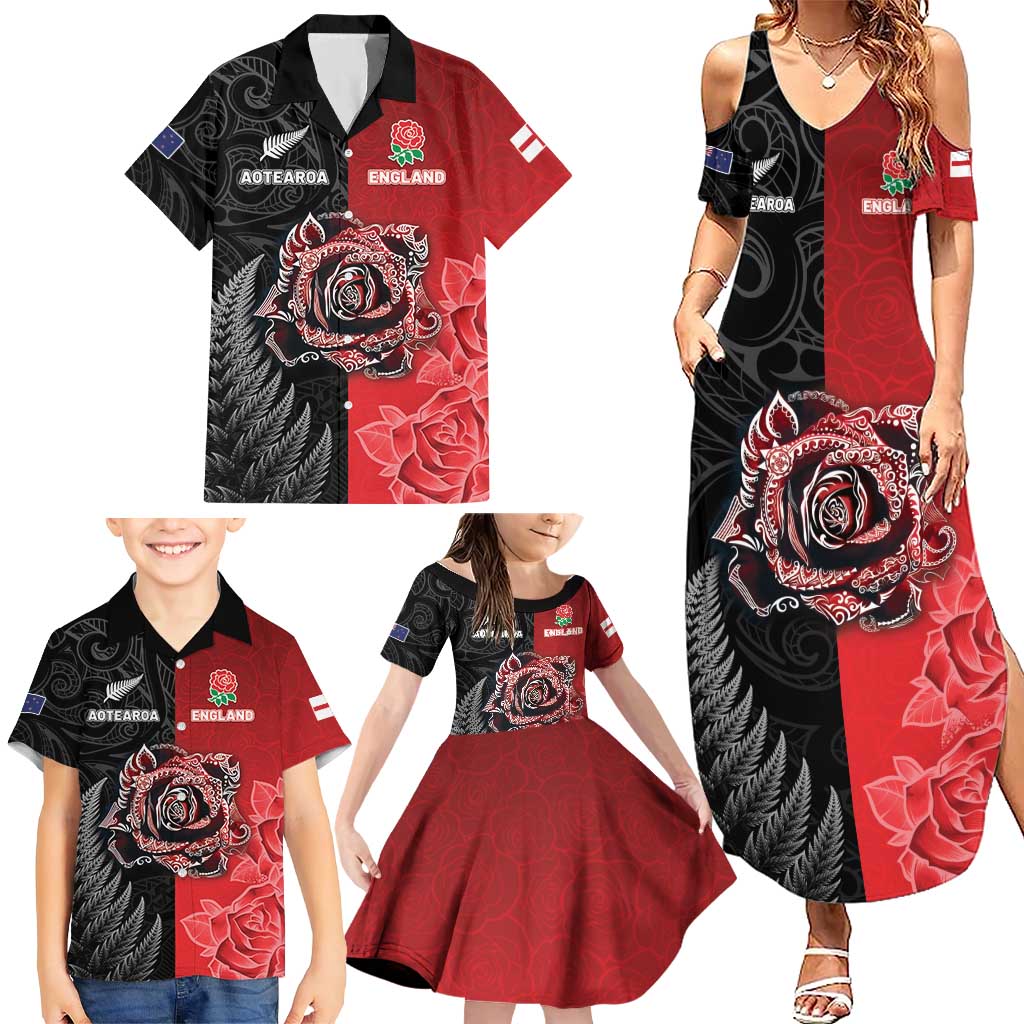 New Zealand And England Rugby Custom Family Matching Summer Maxi Dress and Hawaiian Shirt Red Rose Mix Maori Pattern - Polynesian Pride