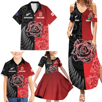 New Zealand And England Rugby Custom Family Matching Summer Maxi Dress and Hawaiian Shirt Red Rose Mix Maori Pattern - Polynesian Pride