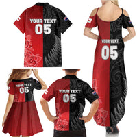 New Zealand And England Rugby Custom Family Matching Summer Maxi Dress and Hawaiian Shirt Red Rose Mix Maori Pattern - Polynesian Pride
